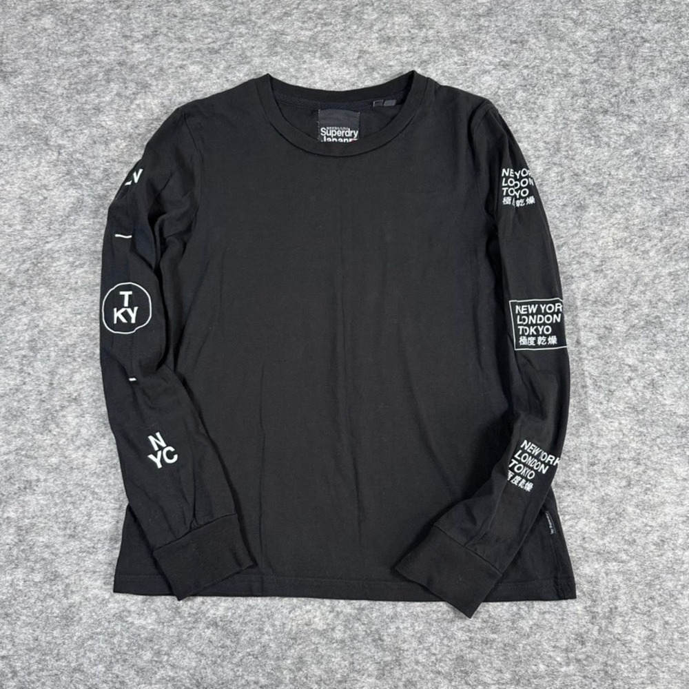 Superdry Japan Long Sleeve Tee Black Graphic Sleeve Print Womens US 2